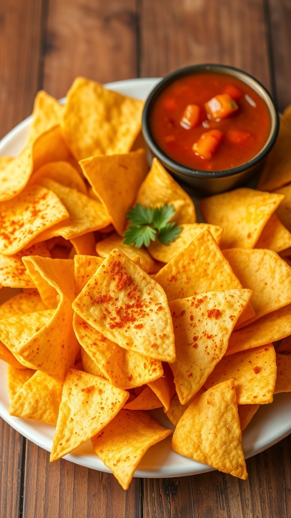 A plate of crispy spicy tortilla chips with salsa on a rustic wooden table.